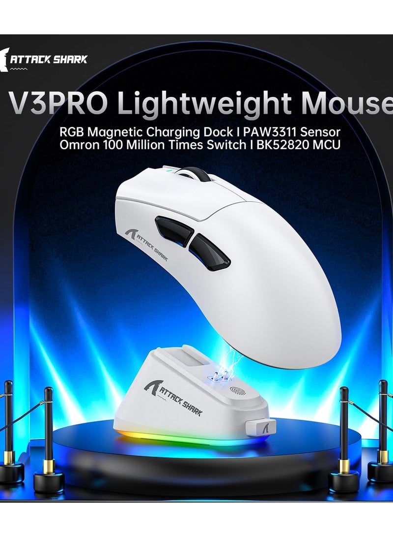 هجوم القرش ماوس ألعاب لاسلكي V3PRO للألعاب الإلكترونية مع قاعدة شحن مغناطيسية: خفيف الوزن 62 جرامًا - 1 كيلو بايت من الاستطلاع - 25 كيلو بايت من نقطة لكل بوصة - مستشعر PAW3311، سلكي/بلوتوث/2.4 جيجا هرتز قابل للبرمجة، BK52820 IC لأجهزة الكمبيوتر المحمولة واللاعبين - Image 2