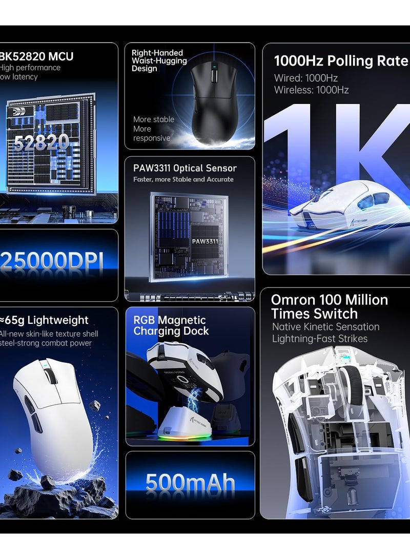 هجوم القرش ماوس ألعاب لاسلكي V3PRO للألعاب الإلكترونية مع قاعدة شحن مغناطيسية: خفيف الوزن 62 جرامًا - 1 كيلو بايت من الاستطلاع - 25 كيلو بايت من نقطة لكل بوصة - مستشعر PAW3311، سلكي/بلوتوث/2.4 جيجا هرتز قابل للبرمجة، BK52820 IC لأجهزة الكمبيوتر المحمولة واللاعبين - Image 3