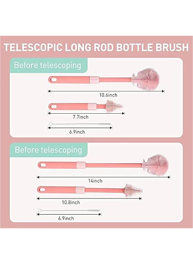 Gonice Baby Bottle Brush, Telescopic Silicone Bottle Brush for Cleaning with Long Handle, Water Bottle Cleaner Brush with Nipple & Straw Cleaner, Included Towel (Pink)  - Image 2