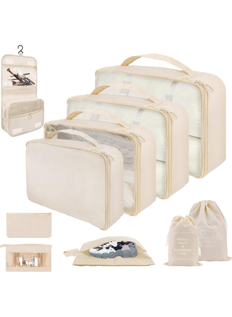 10 Set Packing Cubes for Travel, Lightweight Suitcase Luggage Organizer Bags, Travel Essentials Packing Organizers for Luggage, Packing Cubes for Carry On Suitcase in 4 Sizes with Shoe Bag, Cream  - Image 1