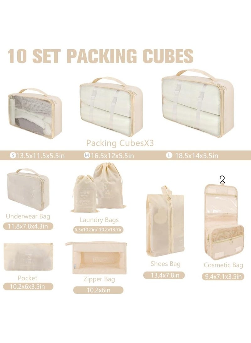 10 Set Packing Cubes for Travel, Lightweight Suitcase Luggage Organizer Bags, Travel Essentials Packing Organizers for Luggage, Packing Cubes for Carry On Suitcase in 4 Sizes with Shoe Bag, Cream  - Image 2