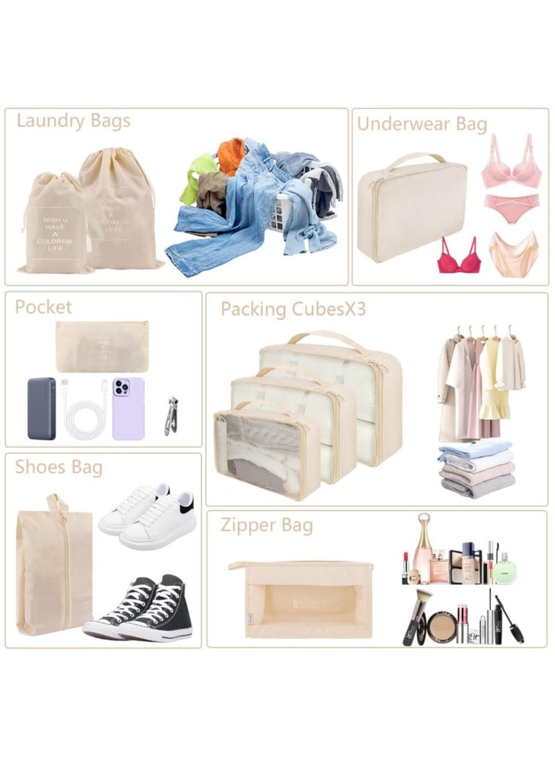10 Set Packing Cubes for Travel, Lightweight Suitcase Luggage Organizer Bags, Travel Essentials Packing Organizers for Luggage, Packing Cubes for Carry On Suitcase in 4 Sizes with Shoe Bag, Cream  - Image 3