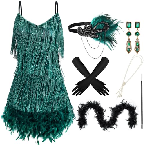 Floraltop 7 Pcs 1920s Flapper Accessories for Women Feather Boa V Neck Dress Earrings Headwear Gloves Necklace(L,Peacock Green) - Image 3