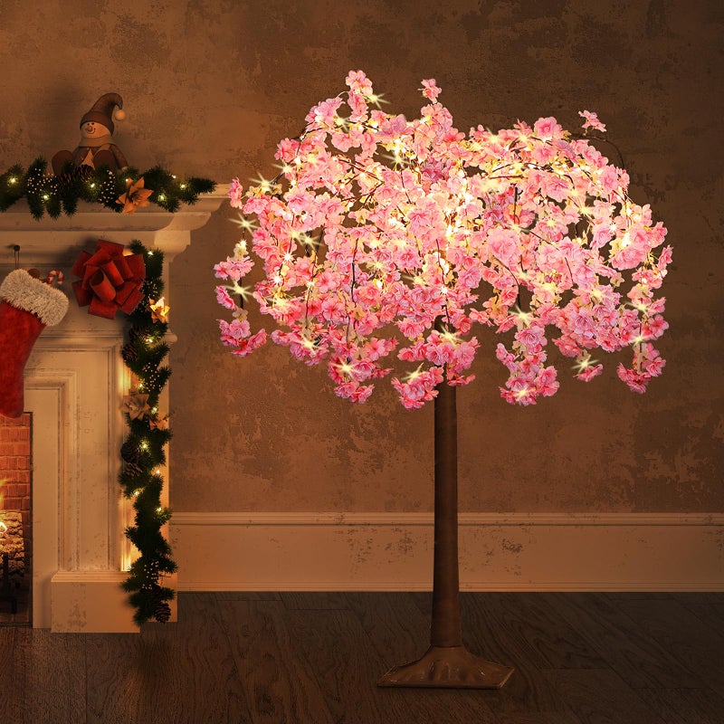 OUSHENG Lighted Cherry Blossom Tree LED Artificial Trees for Decoration Inside, Light up Fake Plant with Faux Flower for Home Wedding Party Festival Christmas Indoor Decor, Warm White, 4FT - Image 1