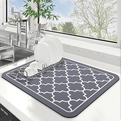 WISELIFE Dish Drying Mat Super Absorbent Drying Mat Large Dish Drying Mats for Kitchen Counter Easy Clean Dish Mat Kitchen Drying Mat15"x 18" Stylish Grey - Image 1