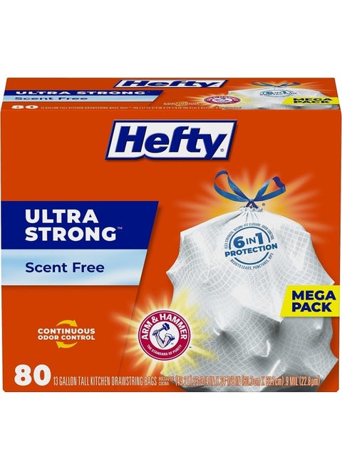 Hefty Ultra Strong Tall Kitchen Trash Bags, Unscented, 13 Gallon, (80 Count)