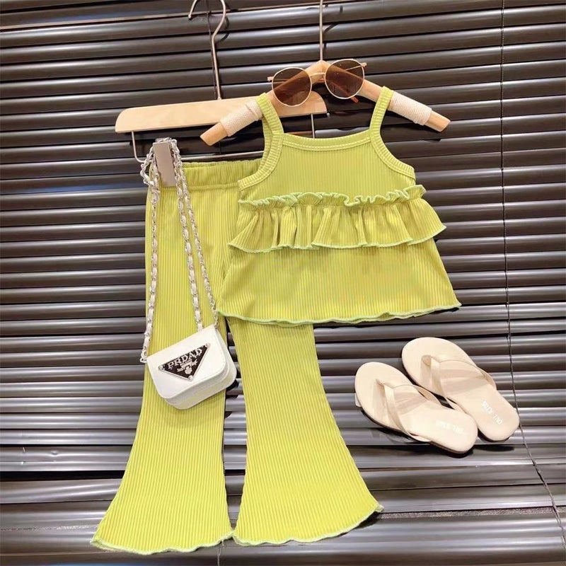 Girls Summer New Arrival Strap suit Thin Girls Ice Silk Strap Skirt Horn Pants Two-Piece Set Stylish Fluorescent green [suit] 136#