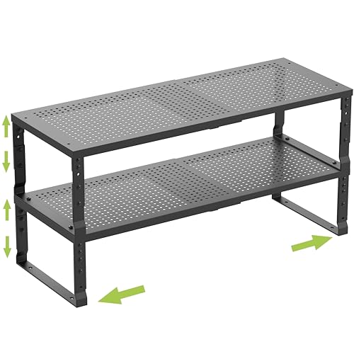 Jojocross Expandable Cabinet Shelf Organizer Storage Spice Rack Shelves for Kitchen Stackable Adjustable Pantry Cupboard Bathroom Countertop Desktop(2Packs/Black/Medium-with Hole) - Image 1