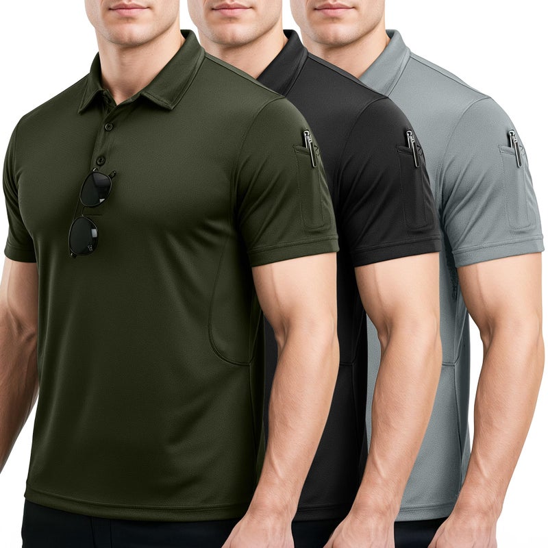 NY Threads 3 Pack Men's Polo Shirt Short Sleeves UPF 50+ Quick Dry Performance Tactical Pique Jersey Golf Shirt, X-Large, Black/Light Grey/Army Green - Image 1