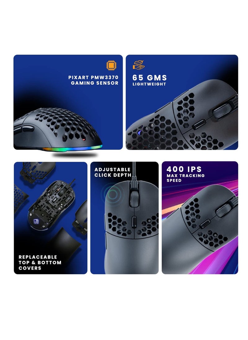 Cosmic Byte Kilonova 3370IC PRO X-Light Wired Gaming Mouse (Black) | 65 Grams | Pixart 3370 Sensor | DIY Hot Swappable Switches | 0.8MM PTFE Feet | Adjustable Debounce Rate | Honeycomb Design  - Image 3