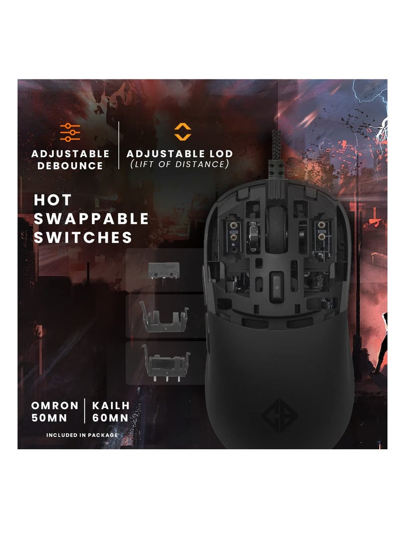 Cosmic Byte Kilonova 3370IC PRO X-Light Wired Gaming Mouse (Black) | 65 Grams | Pixart 3370 Sensor | DIY Hot Swappable Switches | 0.8MM PTFE Feet | Adjustable Debounce Rate | Honeycomb Design  - Image 4