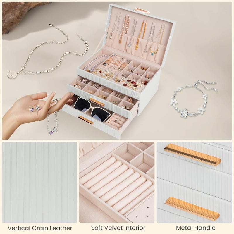 Dajasan Jewelry Boxes for Women, Jewelry Box Organizer with 2 Drawers, 3-Tier Large Jewelry Holder Organizer Box for Necklace Ring Earring Bracelet, Gift Idea, Modern Style (White) - Image 4