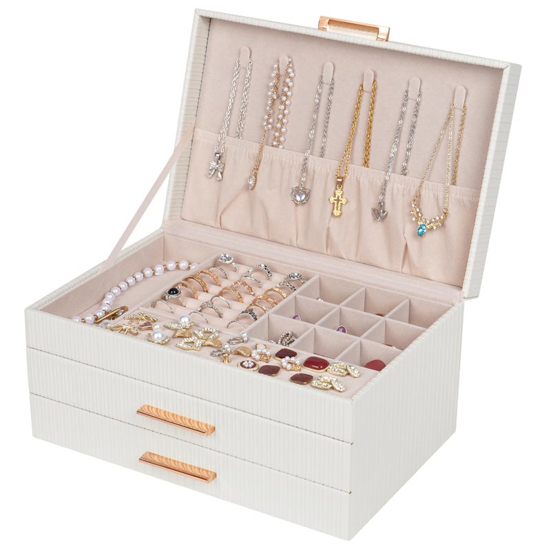 Dajasan Jewelry Boxes for Women, Jewelry Box Organizer with 2 Drawers, 3-Tier Large Jewelry Holder Organizer Box for Necklace Ring Earring Bracelet, Gift Idea, Modern Style (White) - Image 1
