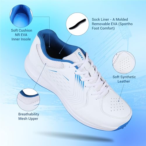 Aivin Super King Cricket Shoes for Men I Mesh & Synthetic Upper| Removable Spikes Suitable for Bowling and Batting White/Blue - Image 2