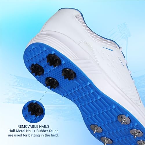 Aivin Super King Cricket Shoes for Men I Mesh & Synthetic Upper| Removable Spikes Suitable for Bowling and Batting White/Blue - Image 5