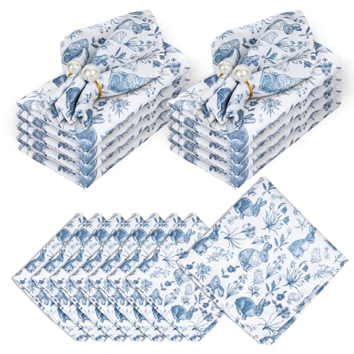 AnyDesign Easter Cloth Napkins Retro Bunny Floral Dinner Napkins Washable Blue White Rabbit Flower Square Fabric Napkin for Spring Wedding Birthday Party Tableware 8Pcs - Image 1
