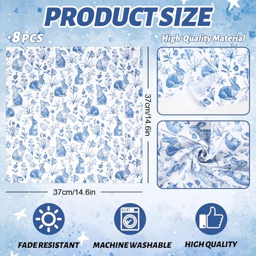 AnyDesign Easter Cloth Napkins Retro Bunny Floral Dinner Napkins Washable Blue White Rabbit Flower Square Fabric Napkin for Spring Wedding Birthday Party Tableware 8Pcs - Image 3
