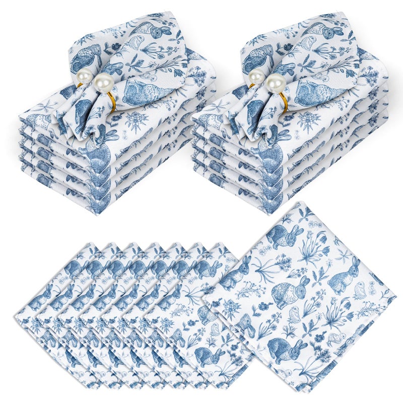 AnyDesign Easter Cloth Napkins Retro Bunny Floral Dinner Napkins Washable Blue White Rabbit Flower Square Fabric Napkin for Spring Wedding Birthday Party Tableware 8Pcs - Image 2