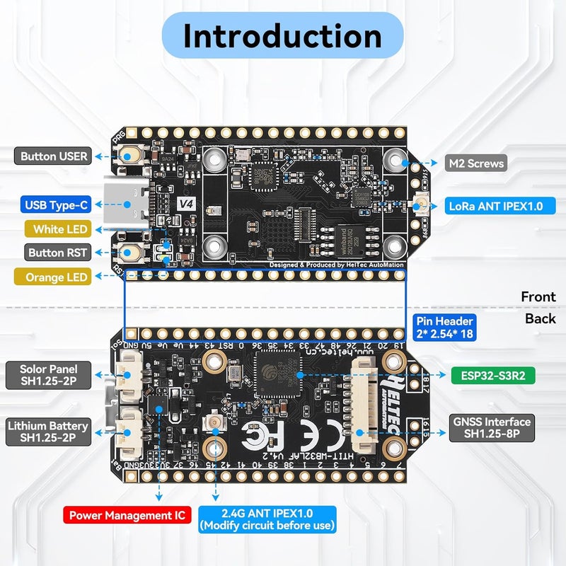 لوحة تطوير ESP32 LoRa V4 محدثة، تحتوي على وحدة LoRa ESP32-S3 SX1262، دعم للواي فاي والبلوتوث، ذاكرة PSRAM سعة 2 ميجابايت وذاكرة فلاش سعة 16 ميجابايت، تدعم نظام GPS والطاقة الشمسية، مناسبة لأجهزة Arduino وMeshtastic وتقنية LoRaWAN في مجال إنترنت الأشياء (IoT). - Image 3