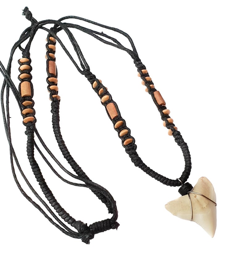 Swimmi Genuine Shark Tooth Necklace for Men, Mako Shark Tooth Necklace, Handmade Wooden Beads adjustable Cords Necklace for Women Jewelry - BA369 - Image 1