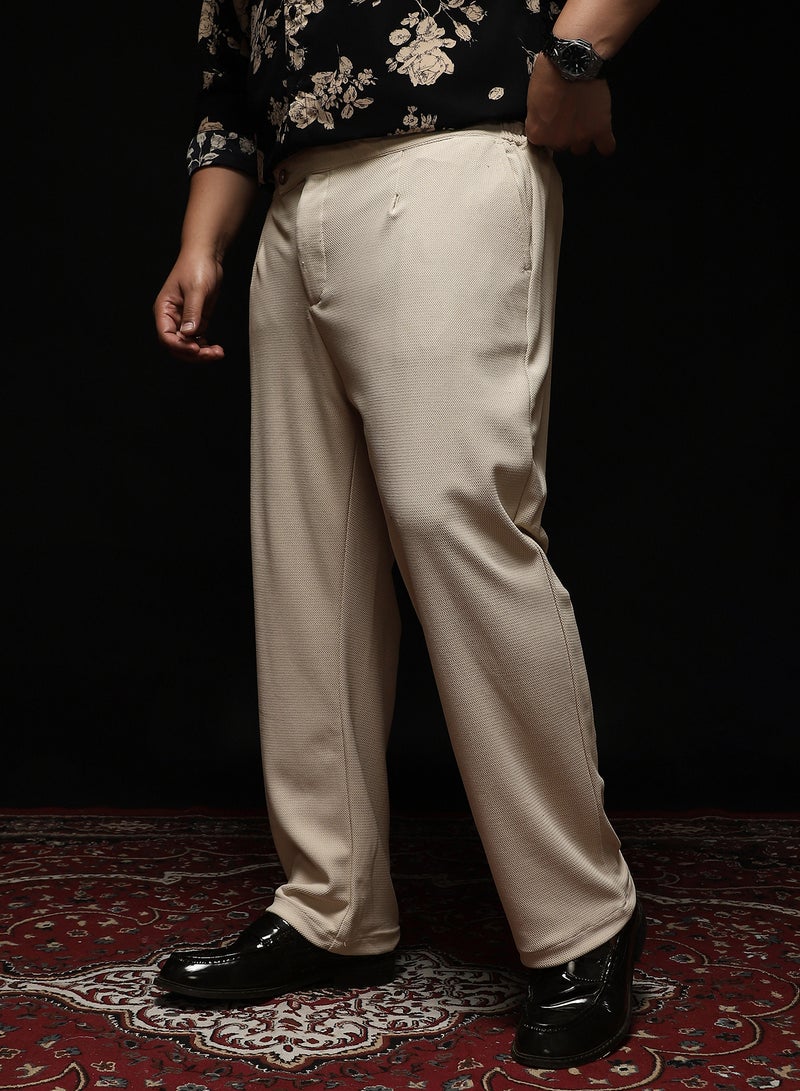Instafab Plus Instafab Plus Men's Saltbox Beige Textured Extended-Waistband Trousers | Mid Rise , Straight Hem , Button Closure | Solid Textured Polyester Blend Material For Formal & Office Wear - Image 3