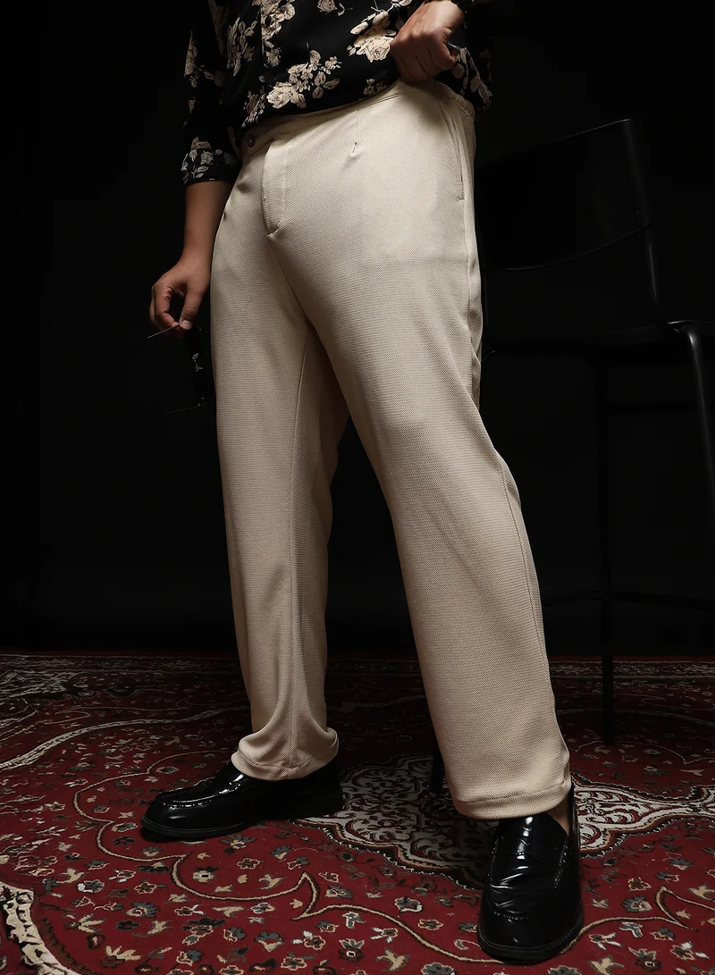 انستافاب بلس Instafab Plus Men's Saltbox Beige Textured Extended-Waistband Trousers | Mid Rise , Straight Hem , Button Closure | Solid Textured Polyester Blend Material For Formal & Office Wear