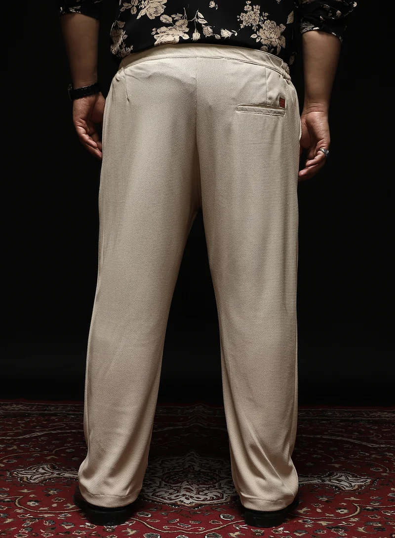 Instafab Plus Instafab Plus Men's Saltbox Beige Textured Extended-Waistband Trousers | Mid Rise , Straight Hem , Button Closure | Solid Textured Polyester Blend Material For Formal & Office Wear
