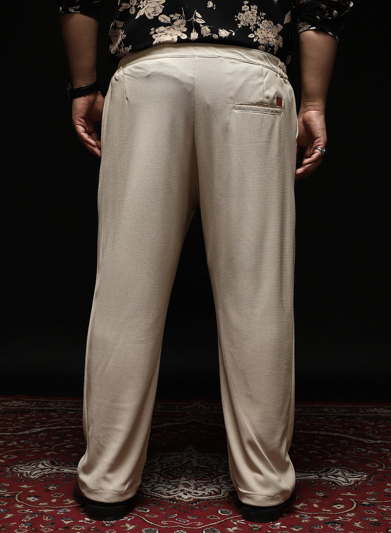 Instafab Plus Instafab Plus Men's Saltbox Beige Textured Extended-Waistband Trousers | Mid Rise , Straight Hem , Button Closure | Solid Textured Polyester Blend Material For Formal & Office Wear - Image 5