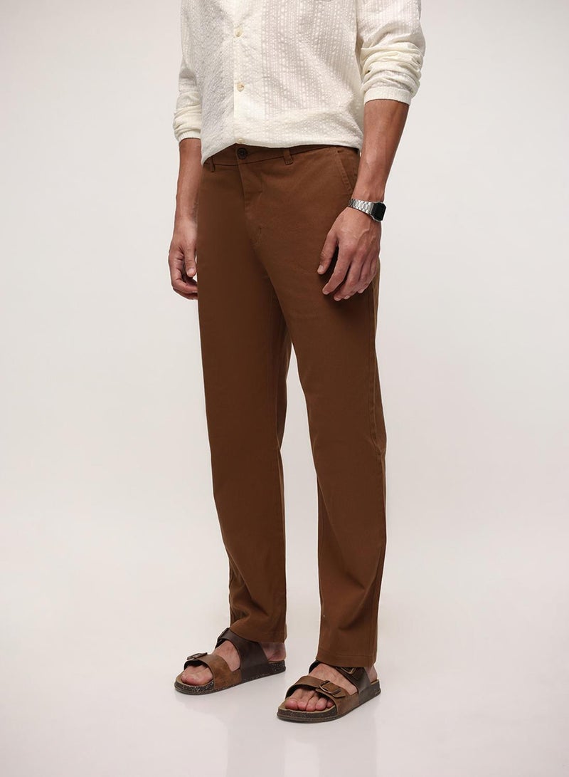 Dennis Lingo Brown Cotton Blend Solid Print Straight Fit Chinos Trouser For Men - Image 3