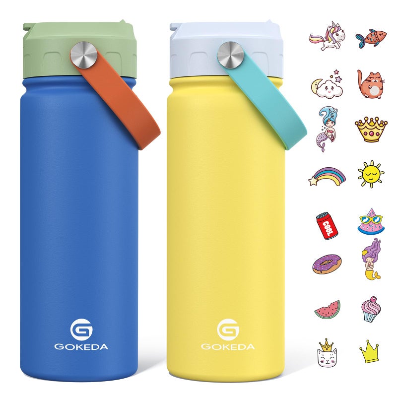 GoKEDA 18oz Kids Water Bottle, 2 Pack Insulated Bottles with Stickers, 18/8 Stainless Steel Vacuum Leak Proof Straw Cup for School, Gifts for Boys Girls(BlueYellow+GreenBlue) - Image 1