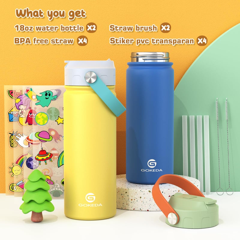 GoKEDA 18oz Kids Water Bottle, 2 Pack Insulated Bottles with Stickers, 18/8 Stainless Steel Vacuum Leak Proof Straw Cup for School, Gifts for Boys Girls(BlueYellow+GreenBlue) - Image 2