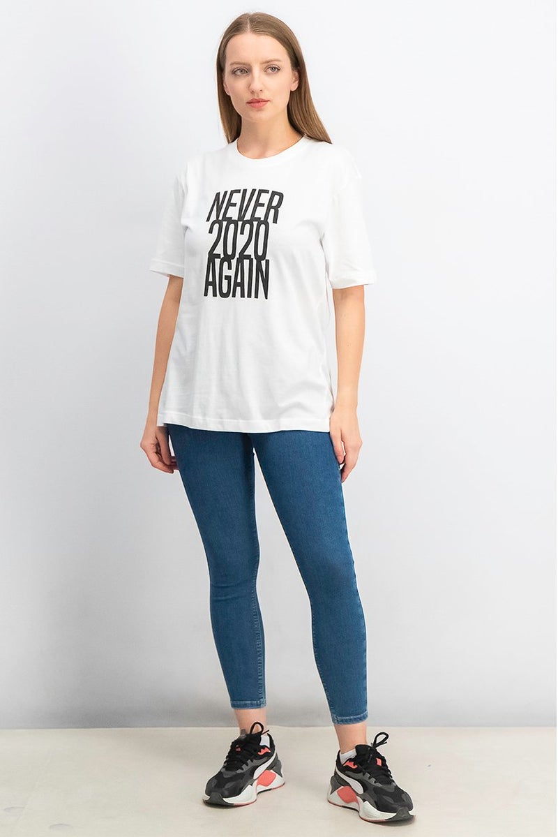 UNDIZ Women Crew Neck Short Sleeve Graphic Shirt, White - Image 3