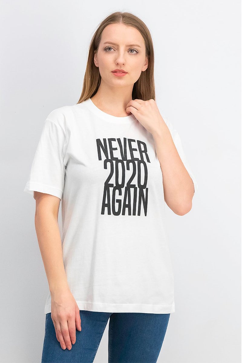 UNDIZ Women Crew Neck Short Sleeve Graphic Shirt, White - Image 1