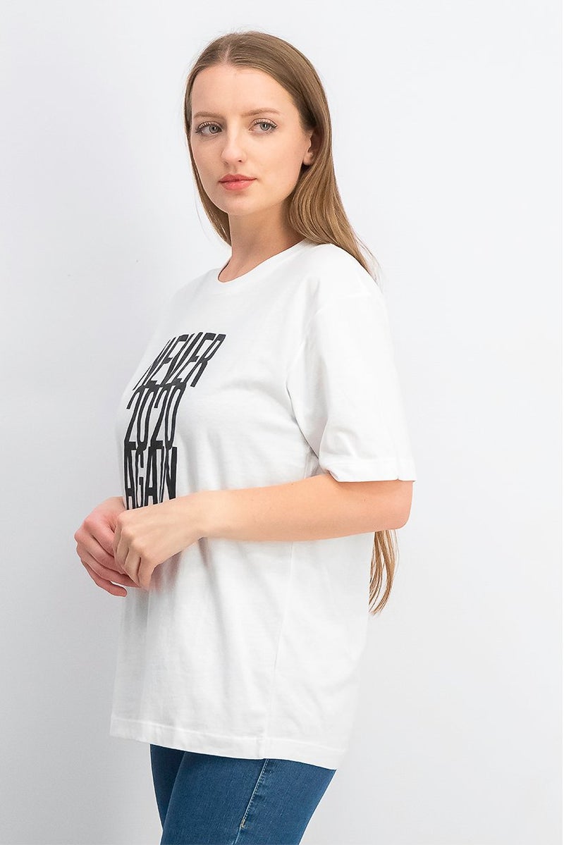UNDIZ Women Crew Neck Short Sleeve Graphic Shirt, White - Image 2