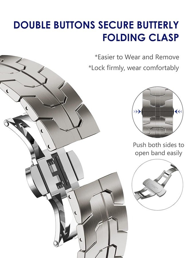 Compatible for Apple Watch Band Ultra 2/Ultra 49mm 45mm 44mm 42mm Series 9 8 7 Men, Stainless Steel Metal Bands for Apple iWatch Series 9 8 7 SE 6 5 4 3 2 1 Link Bracelet, Titanium color - Image 2