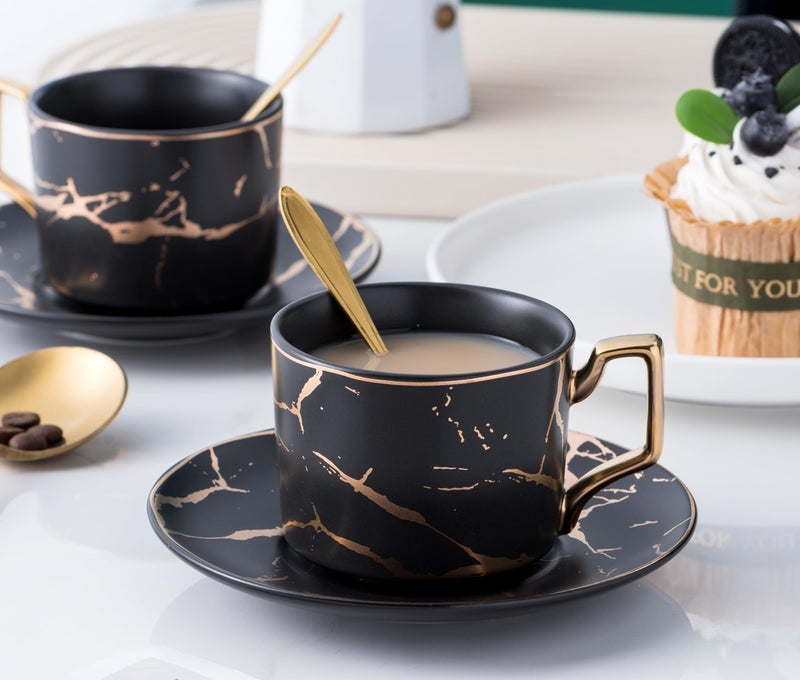 Jusalpha Serve of 4- Hand Printed Golden Matte Ceramic Marble Tea Coffee/Tea Cups with Spoons and Cup Holder, 7OZ -TCS26 (Black/Gold, Serve of 4) - Image 5