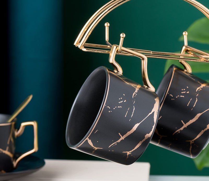 Jusalpha Serve of 4- Hand Printed Golden Matte Ceramic Marble Tea Coffee/Tea Cups with Spoons and Cup Holder, 7OZ -TCS26 (Black/Gold, Serve of 4) - Image 4