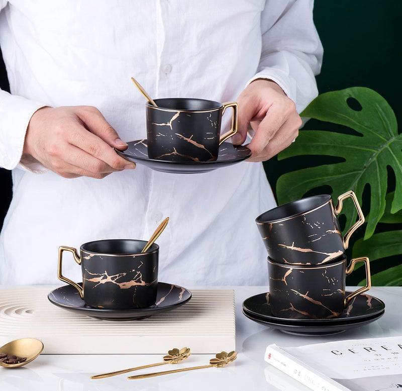 Jusalpha Serve of 4- Hand Printed Golden Matte Ceramic Marble Tea Coffee/Tea Cups with Spoons and Cup Holder, 7OZ -TCS26 (Black/Gold, Serve of 4) - Image 2