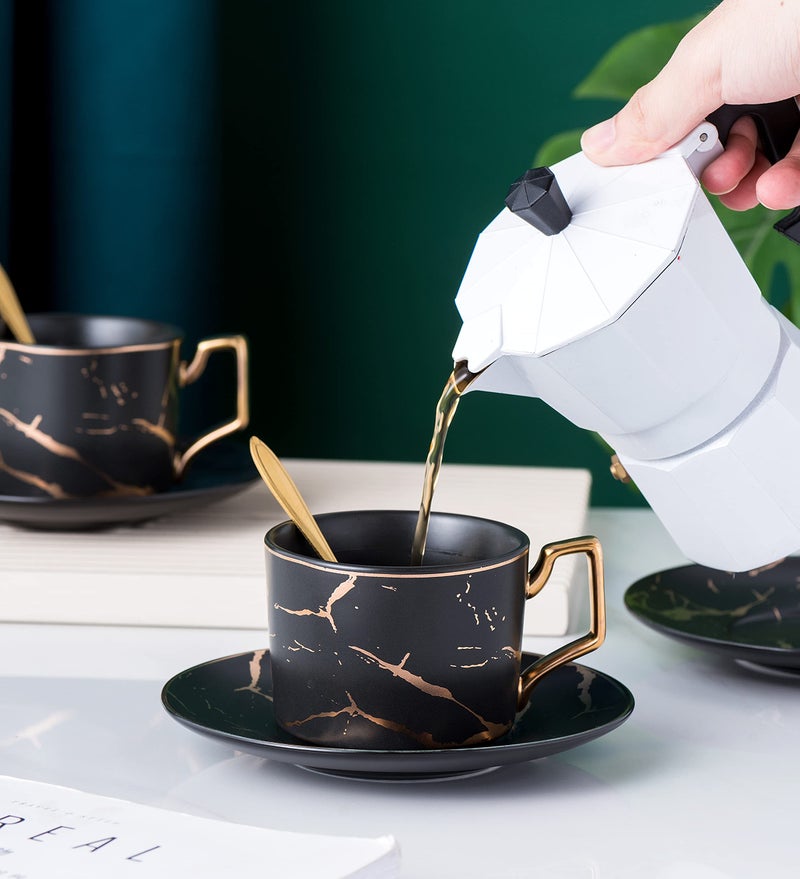 Jusalpha Serve of 4- Hand Printed Golden Matte Ceramic Marble Tea Coffee/Tea Cups with Spoons and Cup Holder, 7OZ -TCS26 (Black/Gold, Serve of 4) - Image 3