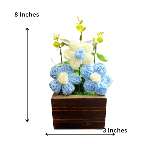 Akaar Decor's Handcrafted Crochet Flower Pot | Artificial Flowers for Home | Birthday | Anniversary | Housewarming Gifts | 100% Handmade Yarn Flower Décor (8 Inch, Wooden Base) (Blue) - Image 2