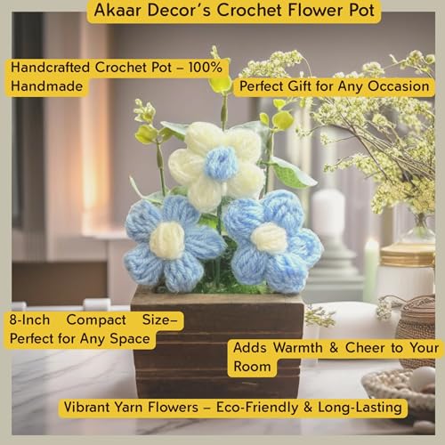Akaar Decor's Handcrafted Crochet Flower Pot | Artificial Flowers for Home | Birthday | Anniversary | Housewarming Gifts | 100% Handmade Yarn Flower Décor (8 Inch, Wooden Base) (Blue) - Image 4