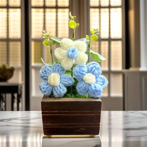 Akaar Decor's Handcrafted Crochet Flower Pot | Artificial Flowers for Home | Birthday | Anniversary | Housewarming Gifts | 100% Handmade Yarn Flower Décor (8 Inch, Wooden Base) (Blue) - Image 5