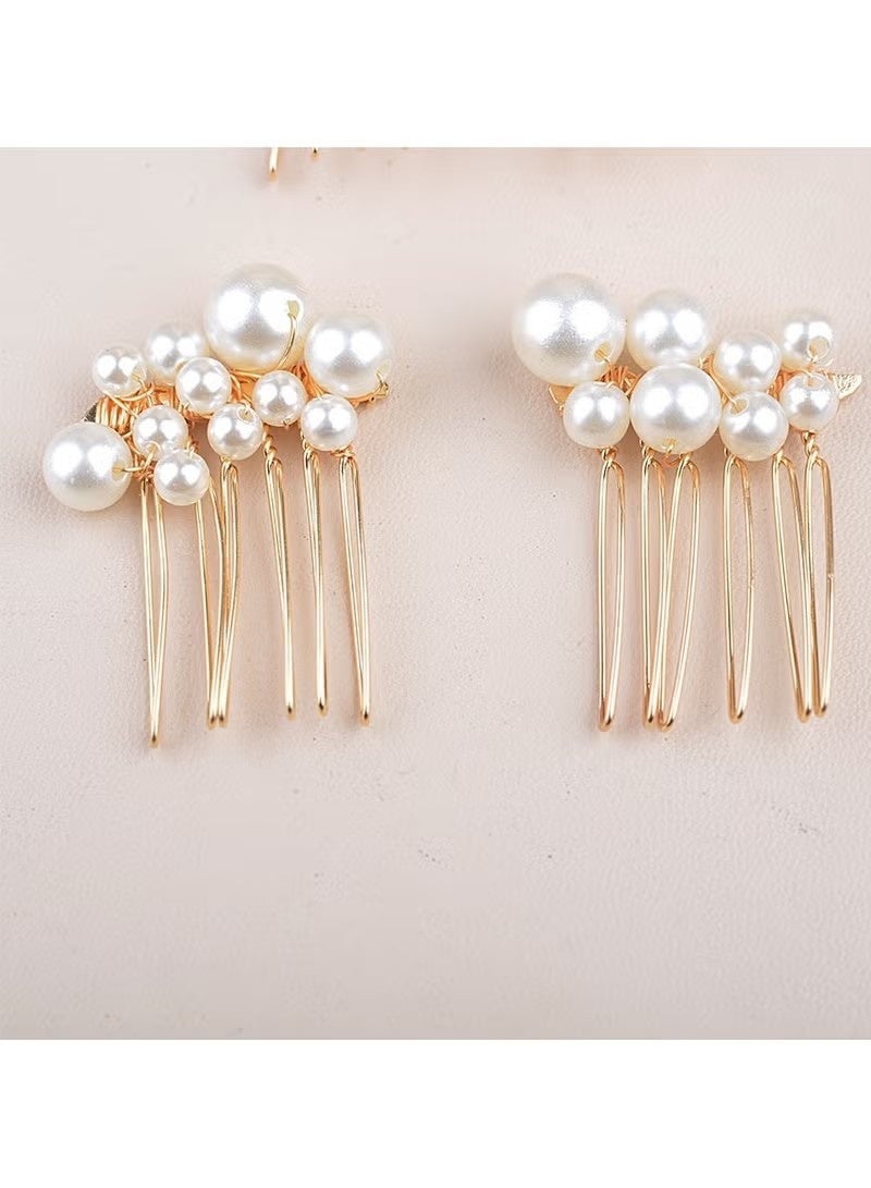 Vintage Baroque Big Pearl Hair Fork Bridal Hairpin Hair Comb Hair Plug European Style Design Wedding Headwear Hair Accessories Set,3 hairpins +2 hairpins,Gold - Image 3