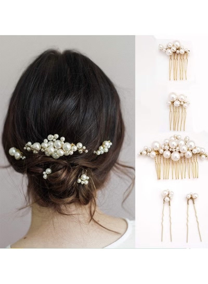 Vintage Baroque Big Pearl Hair Fork Bridal Hairpin Hair Comb Hair Plug European Style Design Wedding Headwear Hair Accessories Set,3 hairpins +2 hairpins,Gold - Image 1