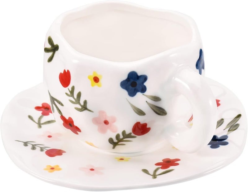 Koythin Ceramic Coffee Mug, Cute Pink Cup for Women with Saucer for Office and Home, Dishwasher and Microwave Safe, 10 oz/300 ml for Latte Tea Milk (White Floret) - Image 1