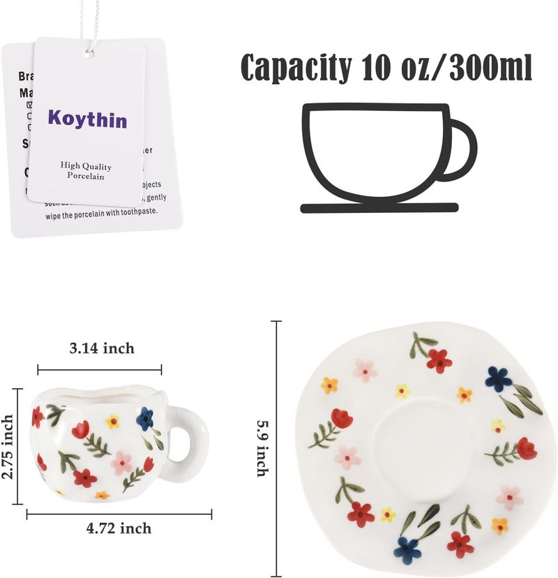 Koythin Ceramic Coffee Mug, Cute Pink Cup for Women with Saucer for Office and Home, Dishwasher and Microwave Safe, 10 oz/300 ml for Latte Tea Milk (White Floret) - Image 2