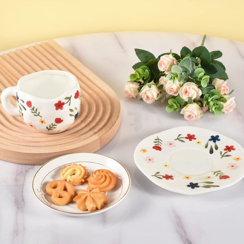 Koythin Ceramic Coffee Mug, Cute Pink Cup for Women with Saucer for Office and Home, Dishwasher and Microwave Safe, 10 oz/300 ml for Latte Tea Milk (White Floret) - Image 4