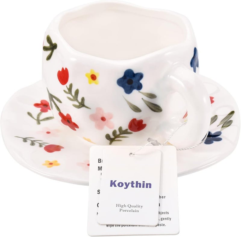 Koythin Ceramic Coffee Mug, Cute Pink Cup for Women with Saucer for Office and Home, Dishwasher and Microwave Safe, 10 oz/300 ml for Latte Tea Milk (White Floret) - Image 3