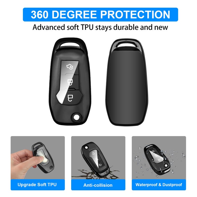 QBUC for Ford Key fob Cover,TPU Key Case Protector Compatible with 2015 2016 2017 2018 2019 Ford F150 F250,Focus 3 Escort Kuga Everest Fiesta Mustang Edge MKV Fusion 2016 Ranger flip Remote Key(Black) - Image 5