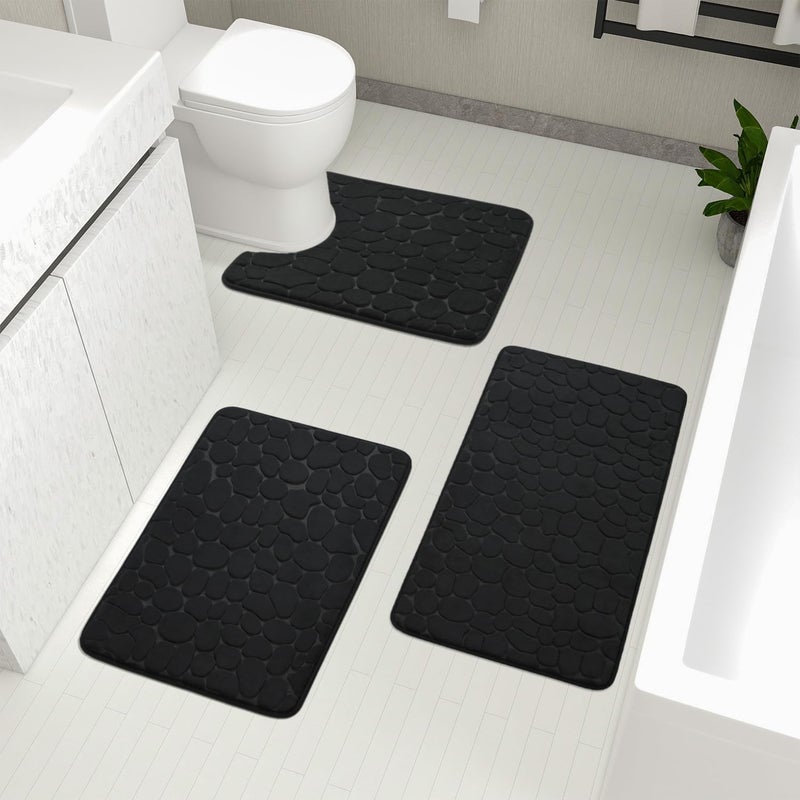 YIHOUSE Bathroom Rugs Mat Set 3 Piece Black, Memory Foam Bath Mats Sets, Non Slip Water Absorbent Washable Bath Rugs for Sink, Toilet and Floor - Image 1